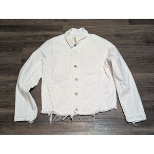 L AGENCE White Denim Jacket Distressed Frayed Hem Button Front Size M